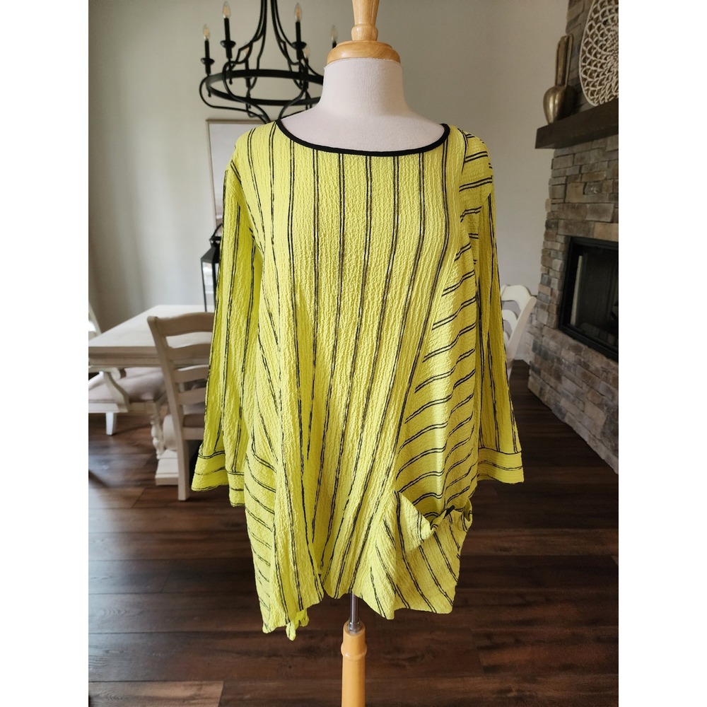 Ali Miles Chartreuse Boxy‎ Lagenlook Tunic Top Blouse Size 1X Plus Artsy Crinkle